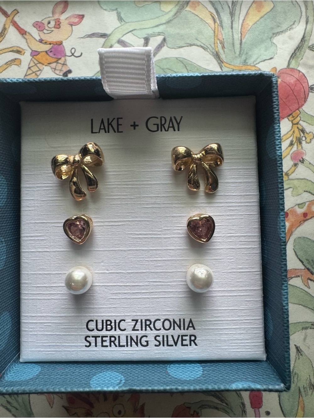 Lake + Gray Gold Bow, Pink Heart and Pearl Stud Earring Set